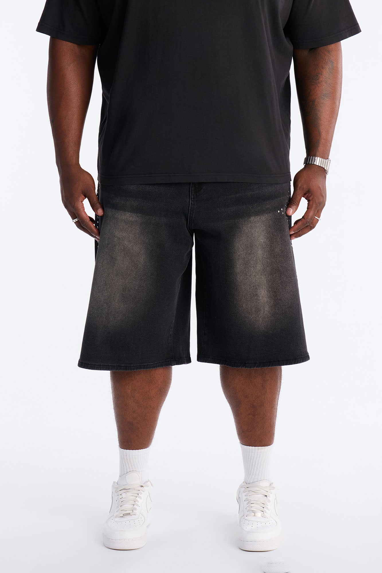 In Denim We Trust Baggy Studded Denim Short - Black Wash