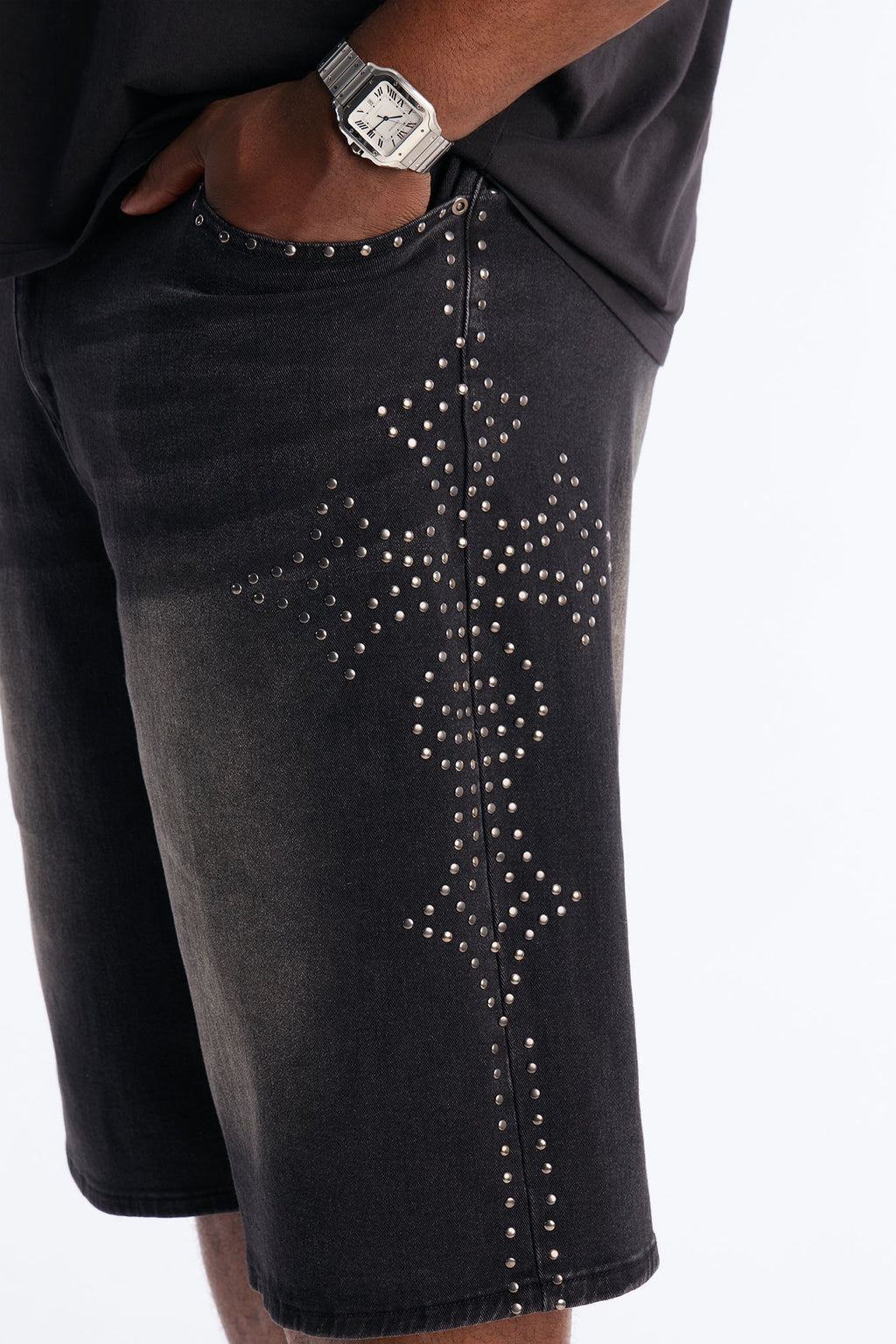 In Denim We Trust Baggy Studded Denim Short - Black Wash