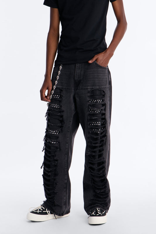 Baggy Studded Mayhem Jean - Black Wash