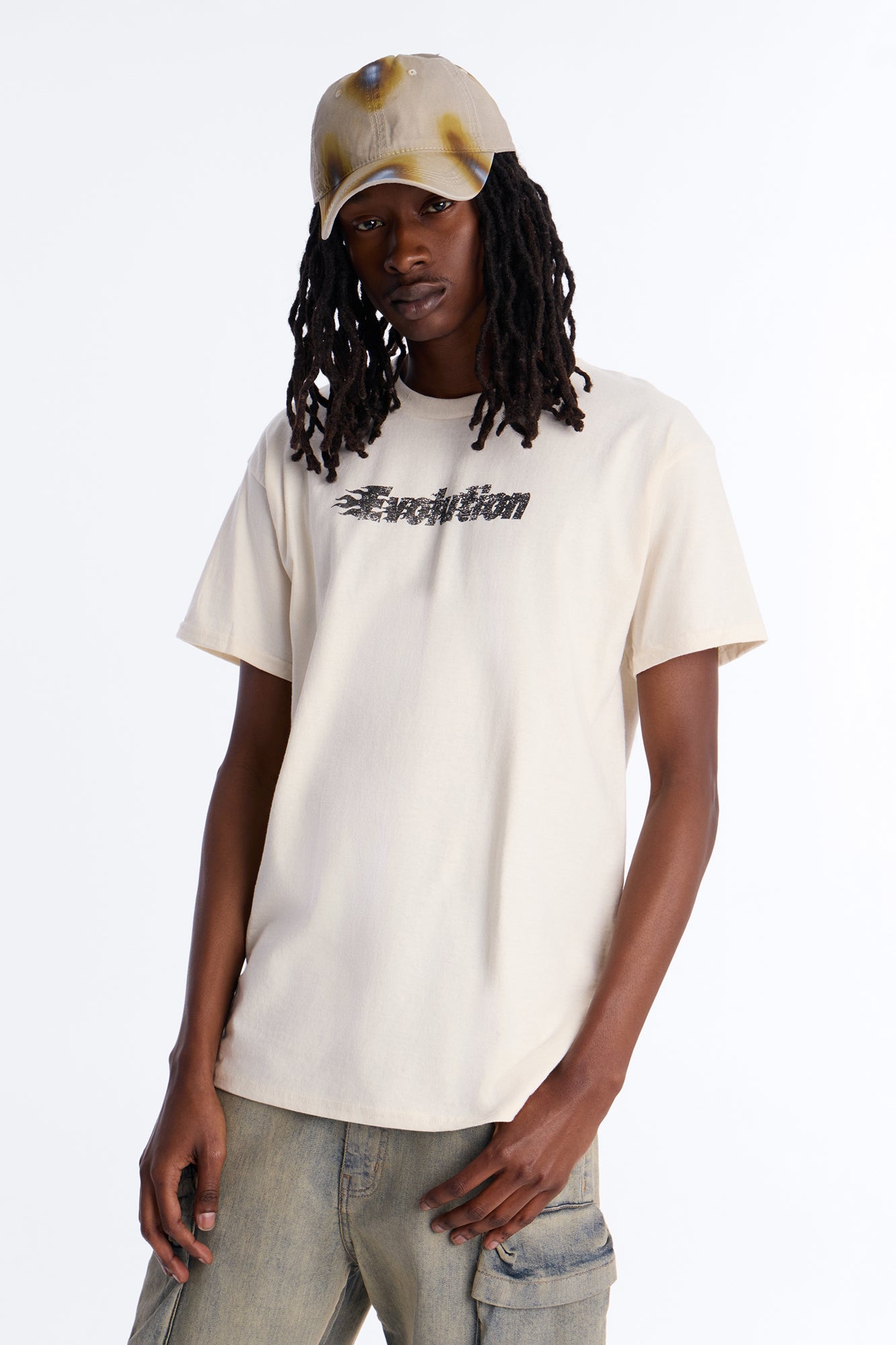 Evolution Smiley Face Vintage Oversized Short Sleeve Tee - Natural