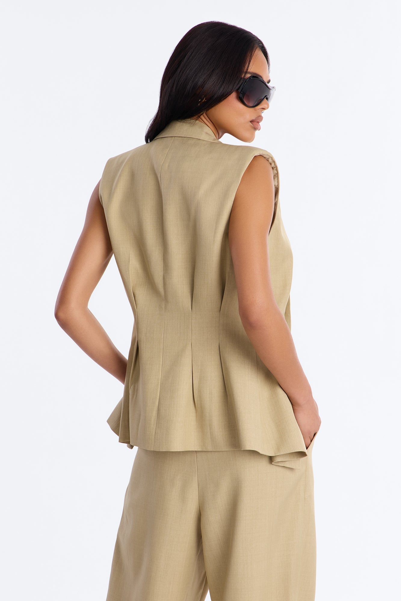 Christina Cinched Waist Pleated Blazer Vest - Sage