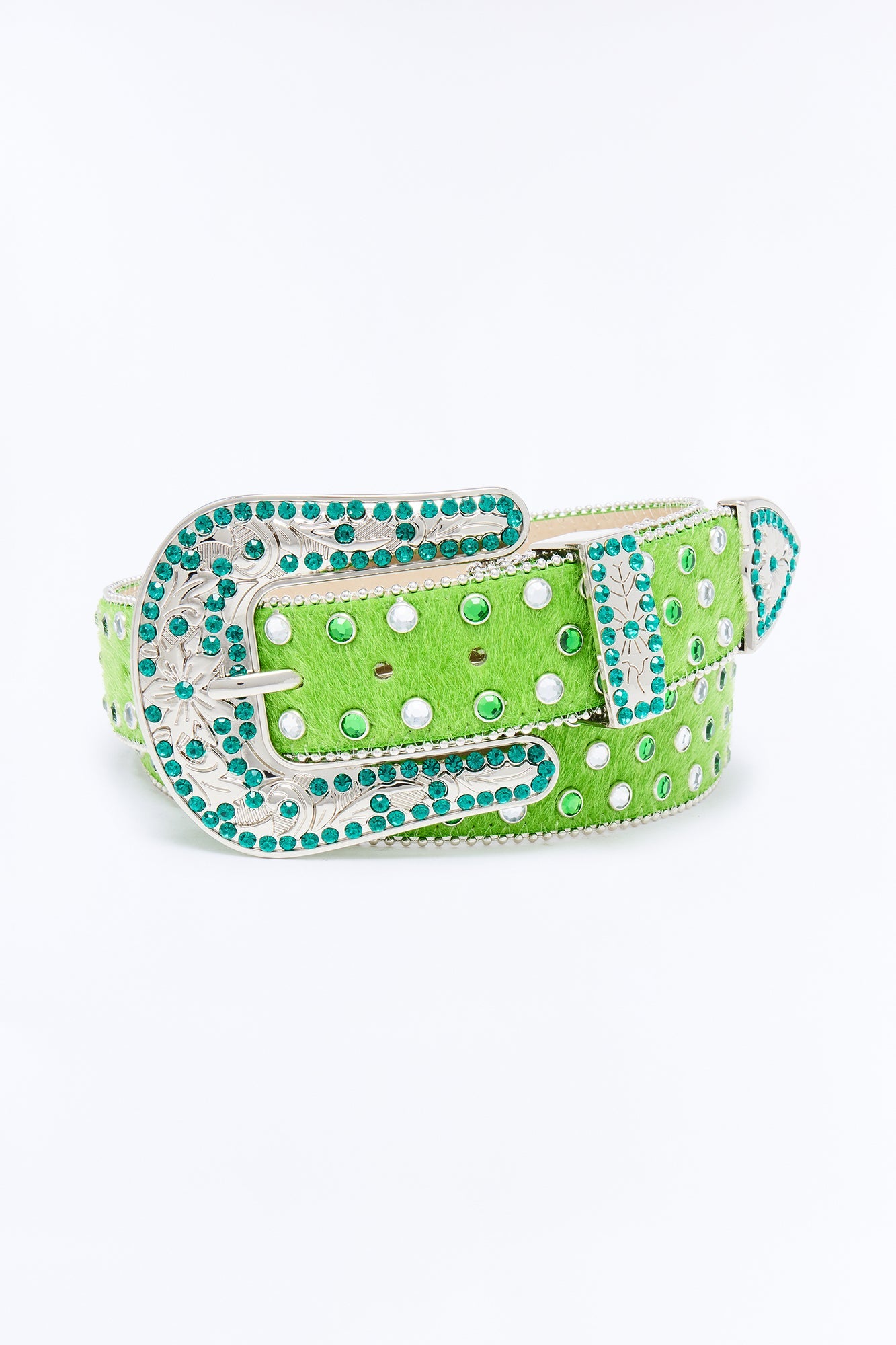 Rhinestone Embellished Faux Pony Hair Western Buckle Belt - Green