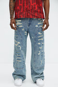 Be About It Distressed Carpenter Baggy Jeans - Light Wash