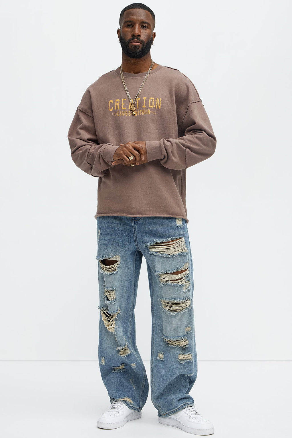 Jefferey Distressed Baggy Jeans - Medium Blue Wash