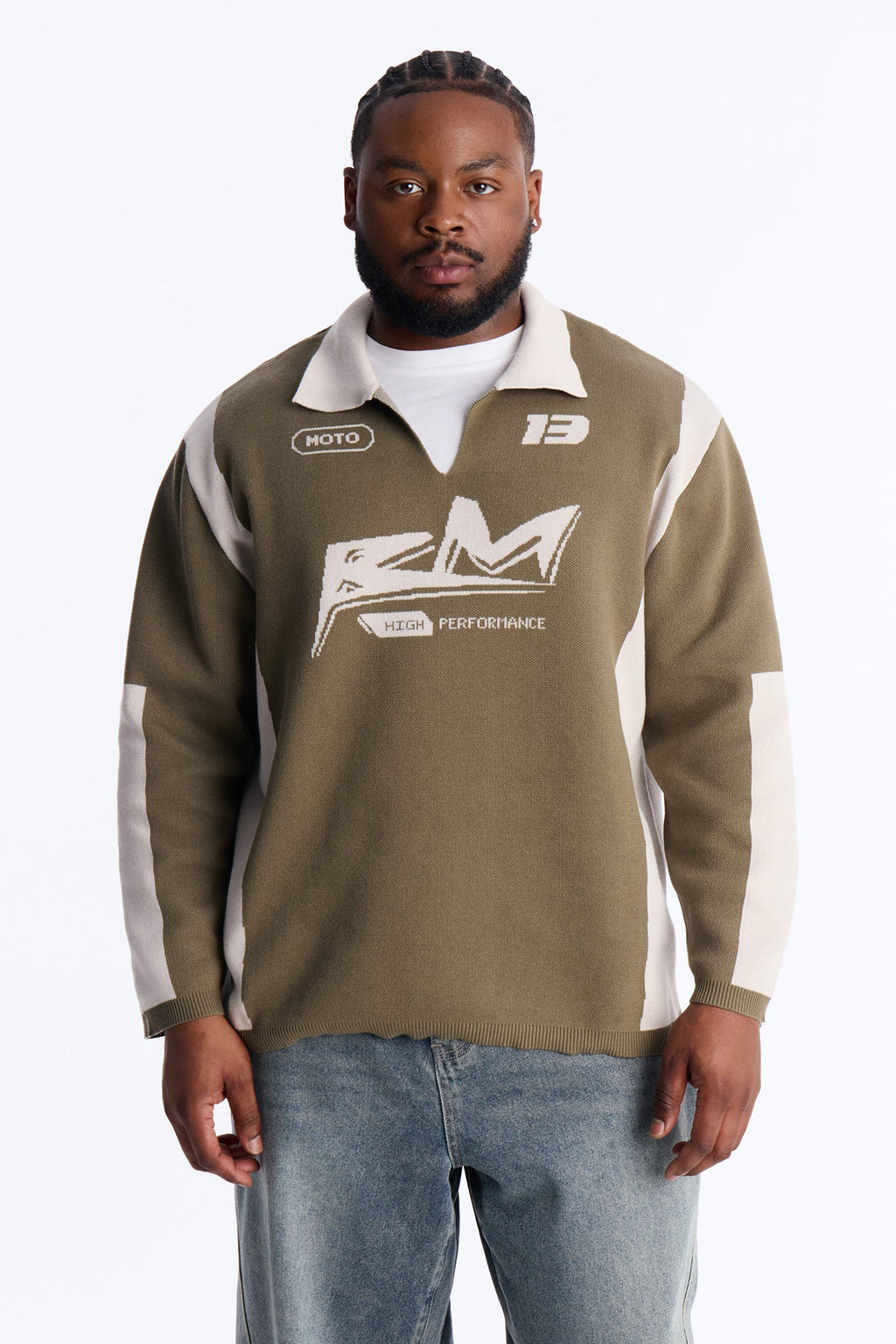 RM Moto Johnny Collar Sweater - Olive/combo