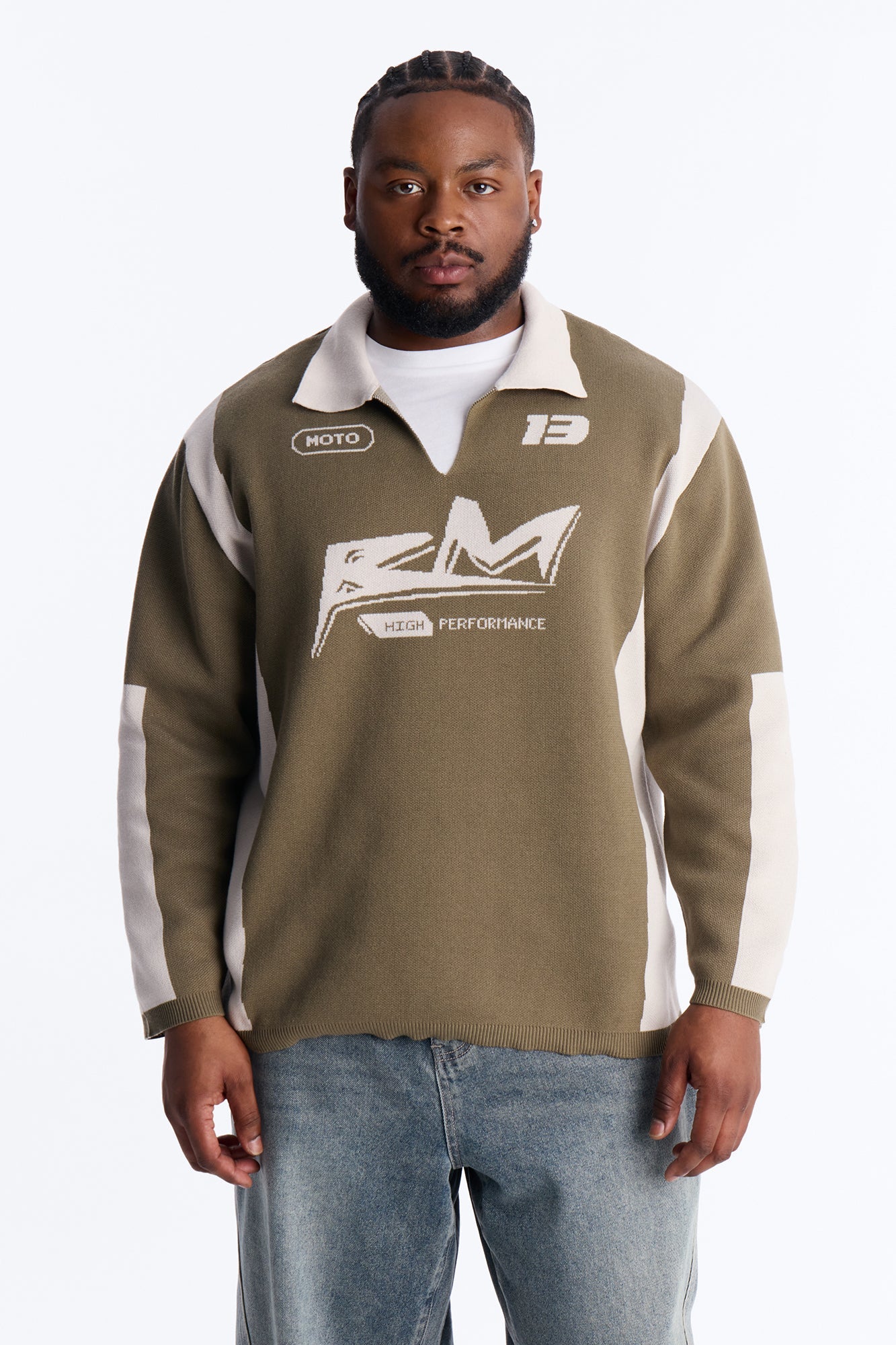 RM Moto Johnny Collar Sweater - Olive/combo