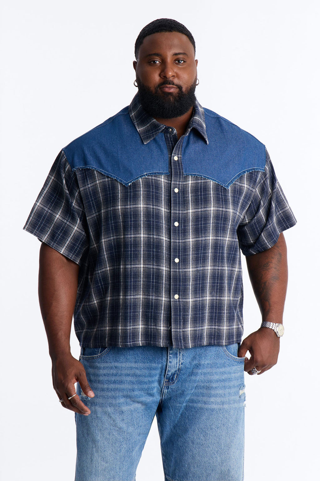 Sundown Mixed Media Button Up Shirt - Black