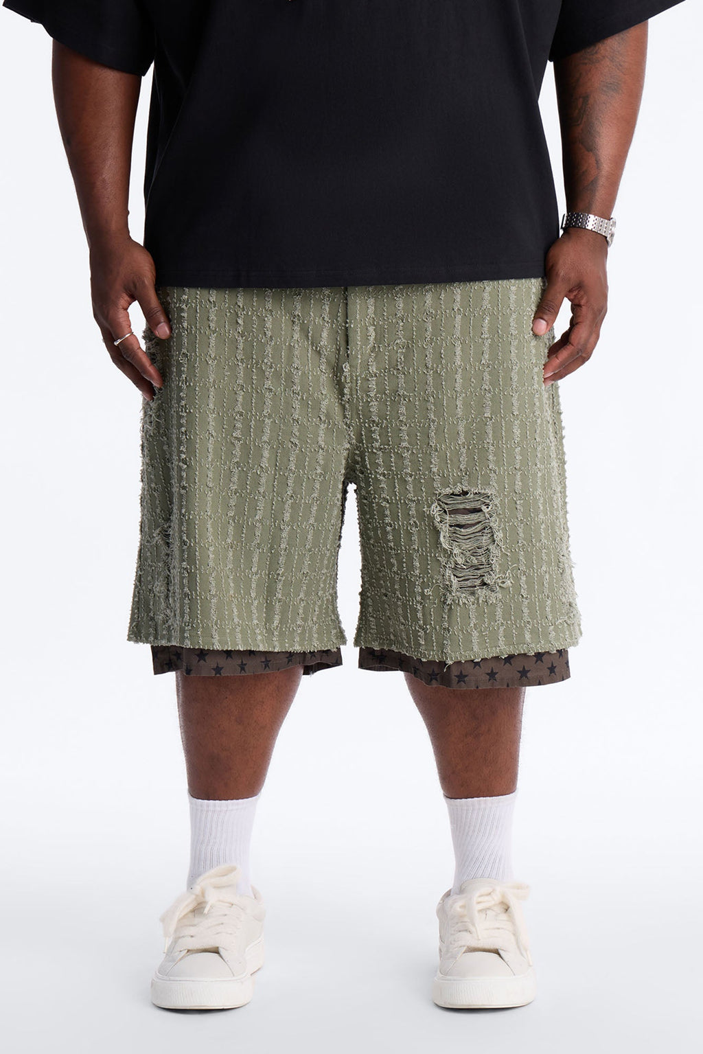 Baggy Double Waisted Stars And Distressed Short - Olive