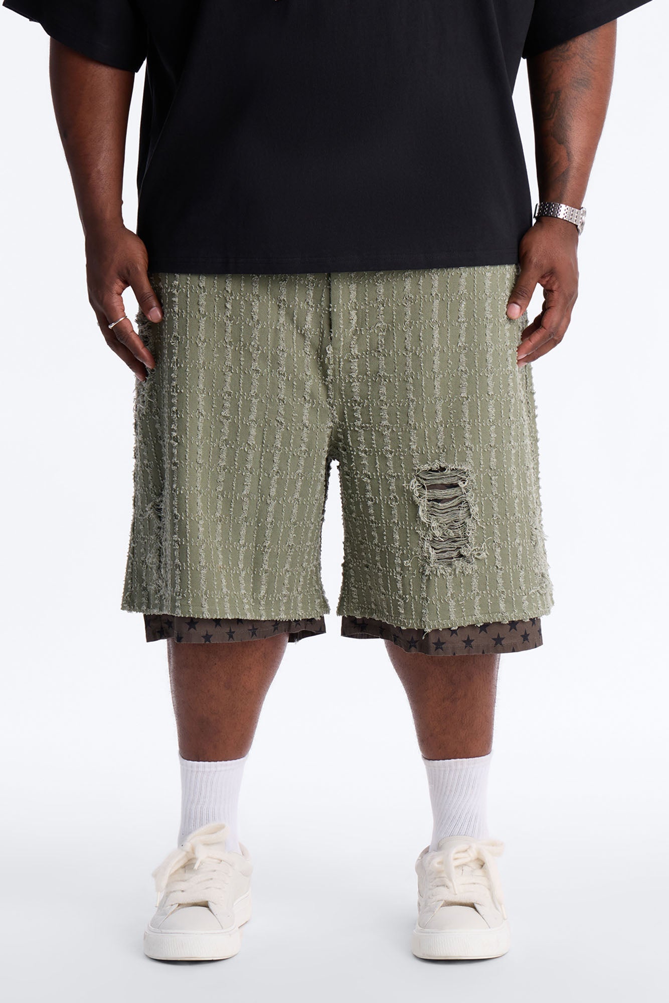 Baggy Double Waisted Stars And Distressed Short - Olive
