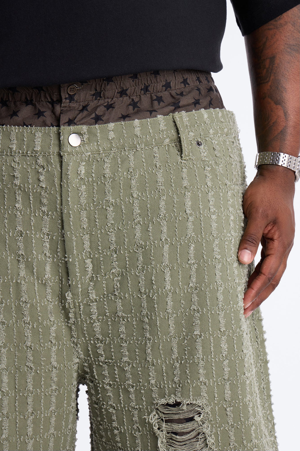 Baggy Double Waisted Stars And Distressed Short - Olive