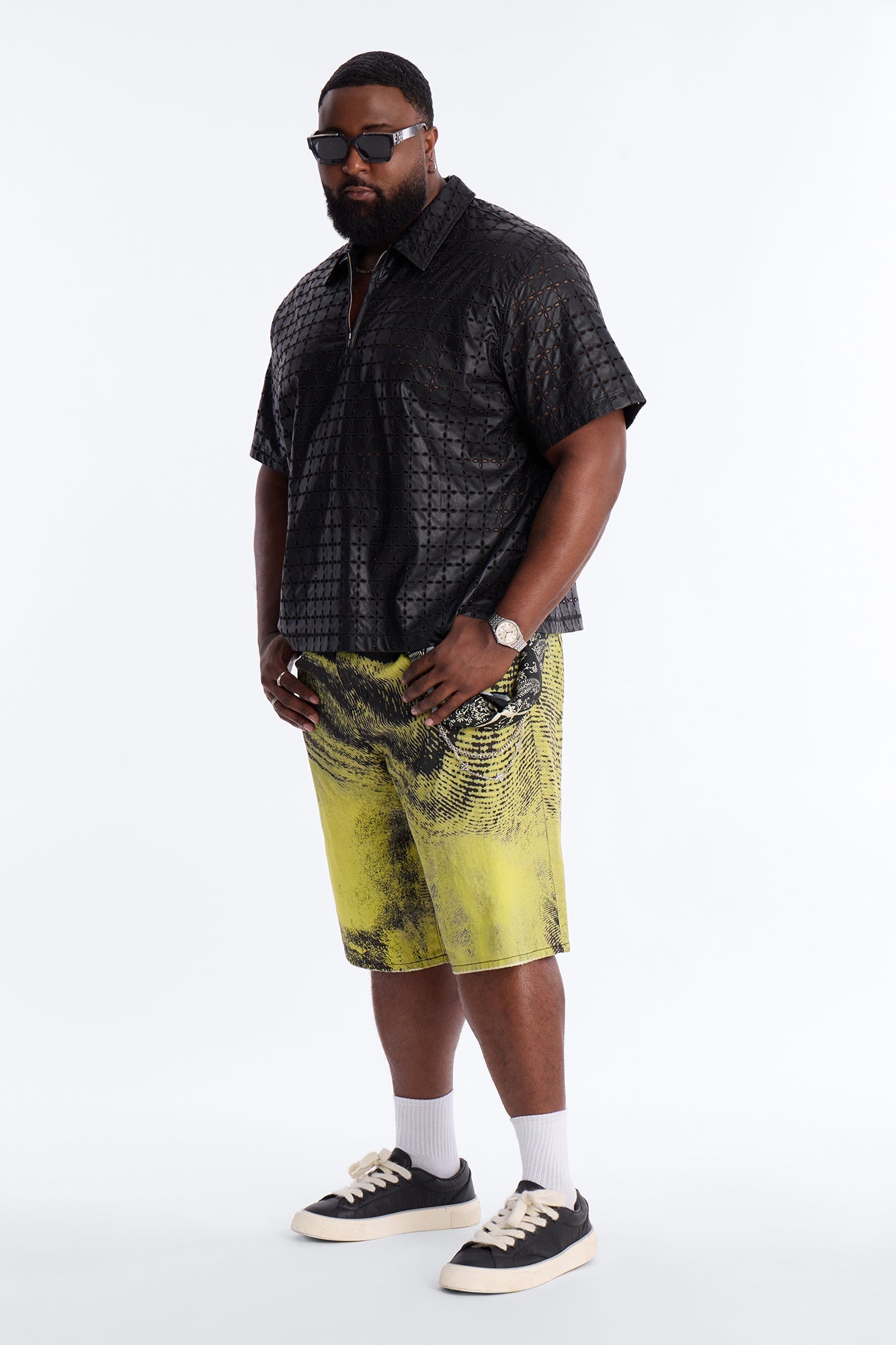 Baggy All The Wavez Printed Denim Short - Neon Yellow