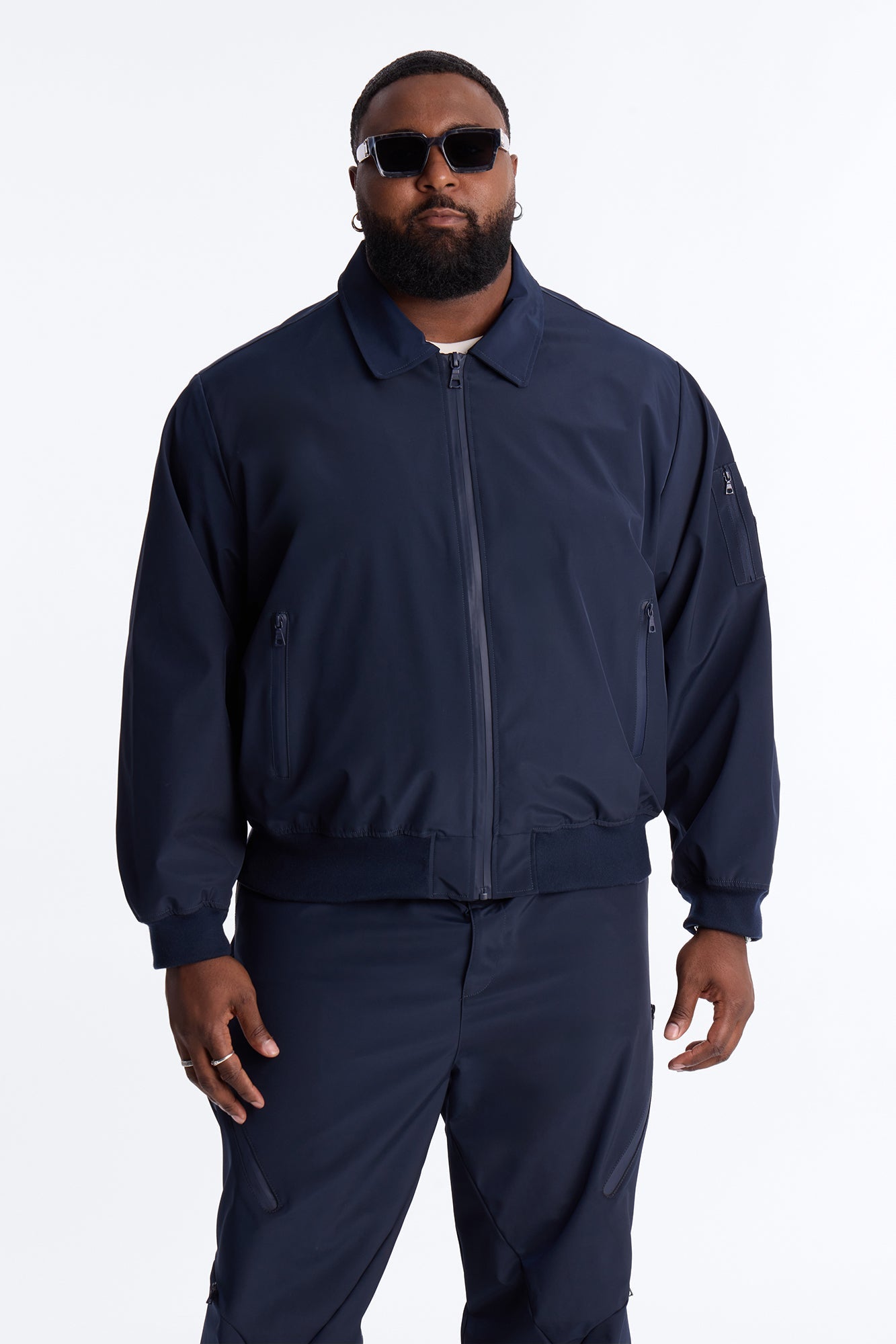 Cropped Relaxed Liberty Zip Bomber Jacket - Navy