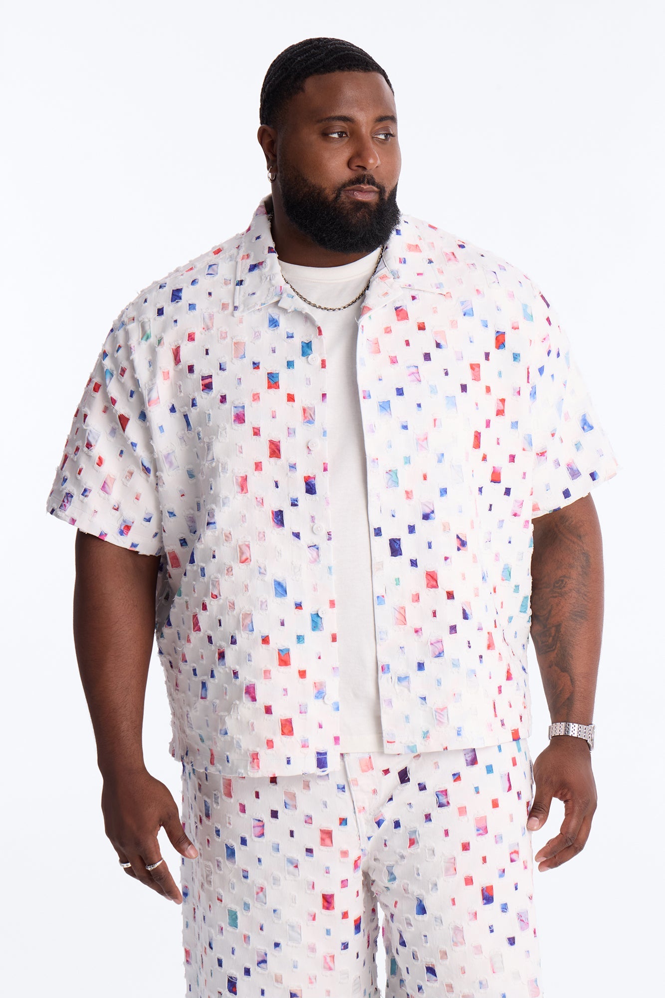 Cropped Watercolor Window Button Up Shirt - White