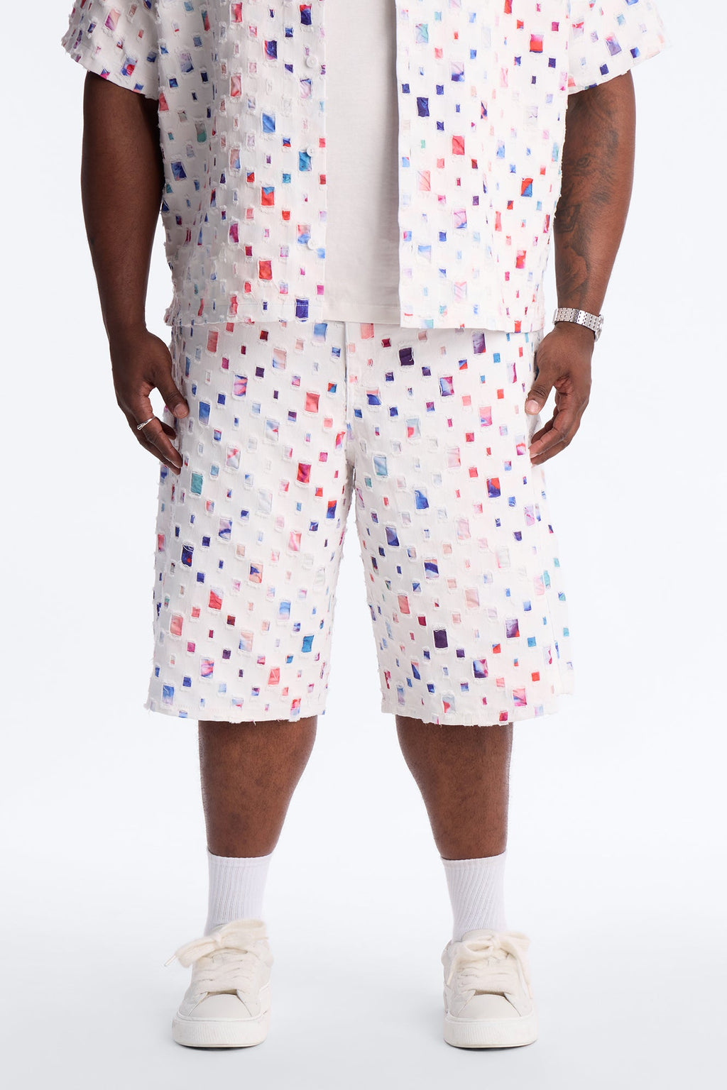 Baggy Watercolor Window Denim Short - White
