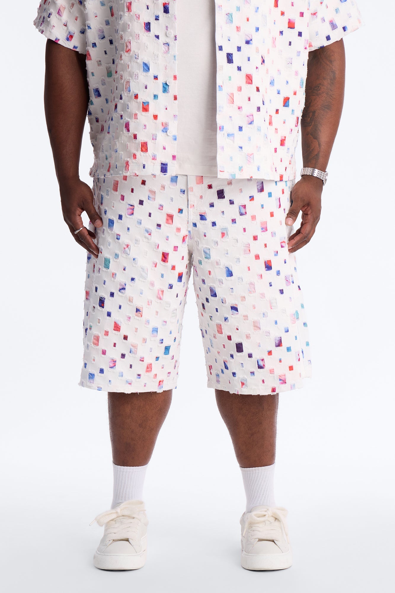 Baggy Watercolor Window Denim Short - White