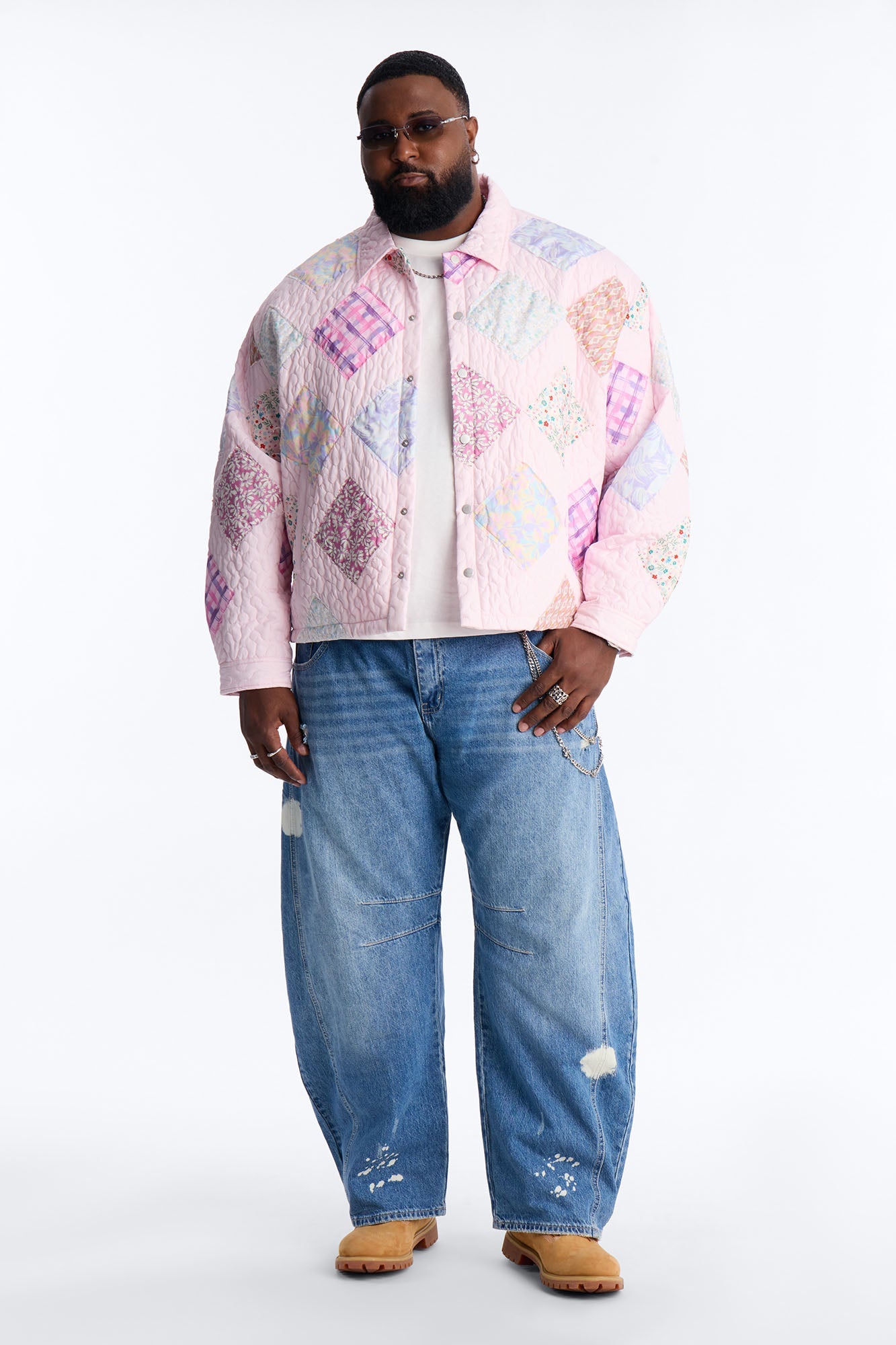 Cropped Quilted Frayed Patchwork Work Jacket - Pink