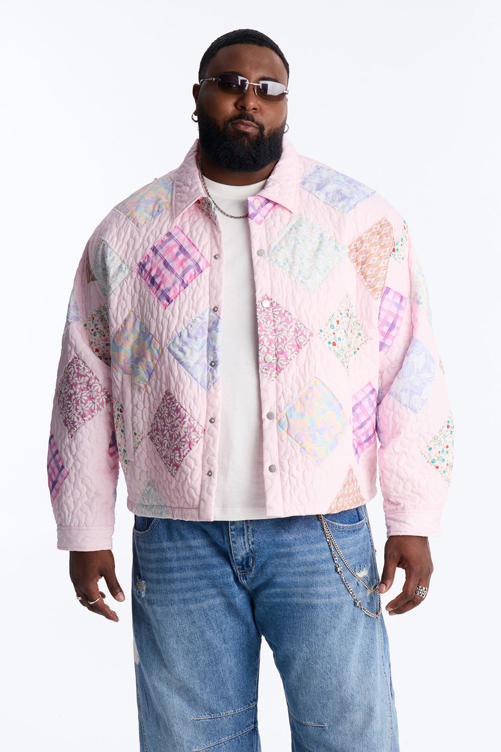 Cropped Quilted Frayed Patchwork Work Jacket - Pink