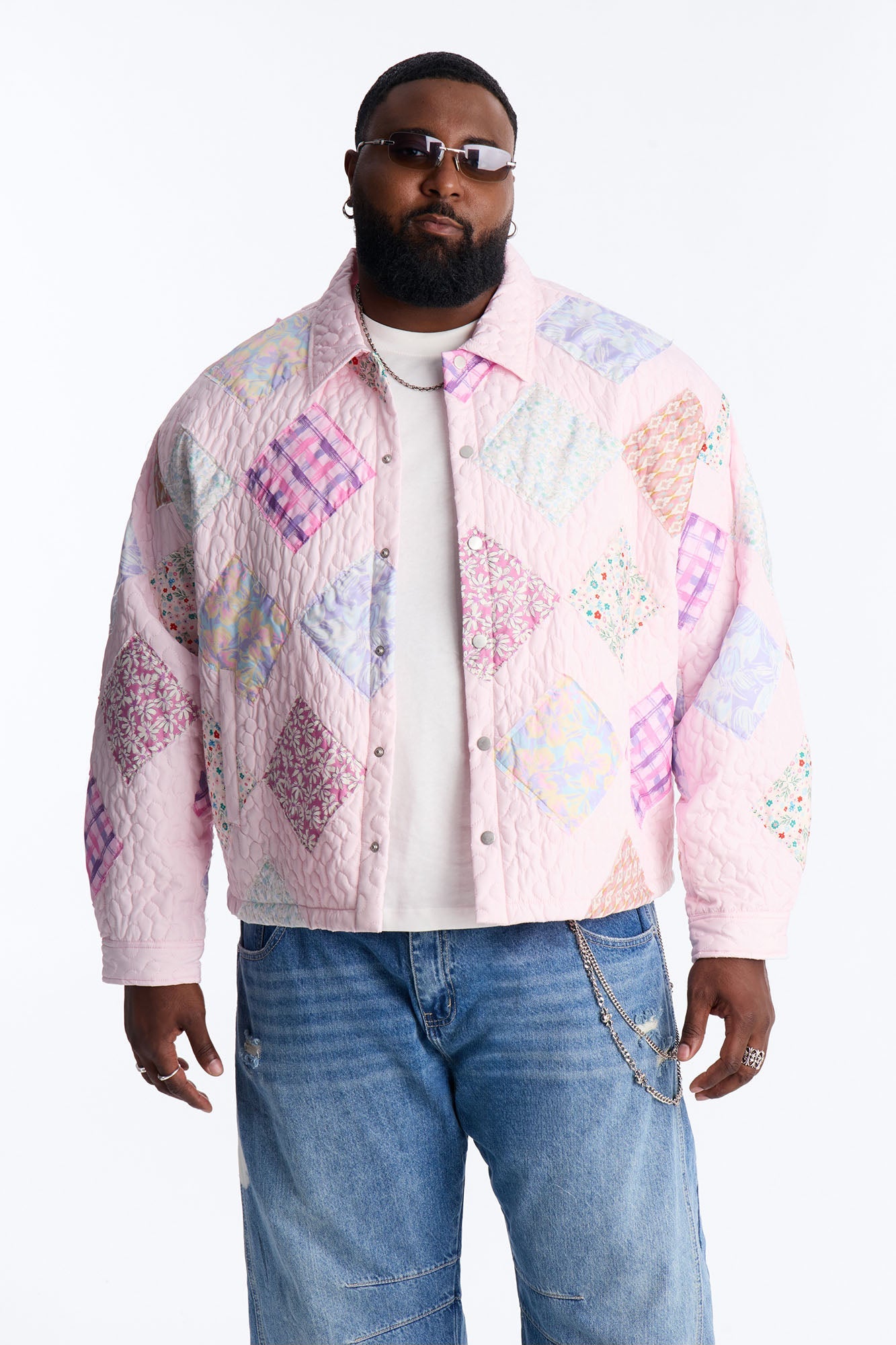 Cropped Quilted Frayed Patchwork Work Jacket - Pink