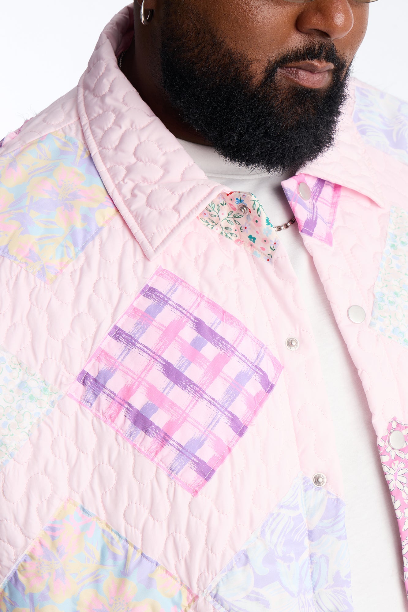 Cropped Quilted Frayed Patchwork Work Jacket - Pink