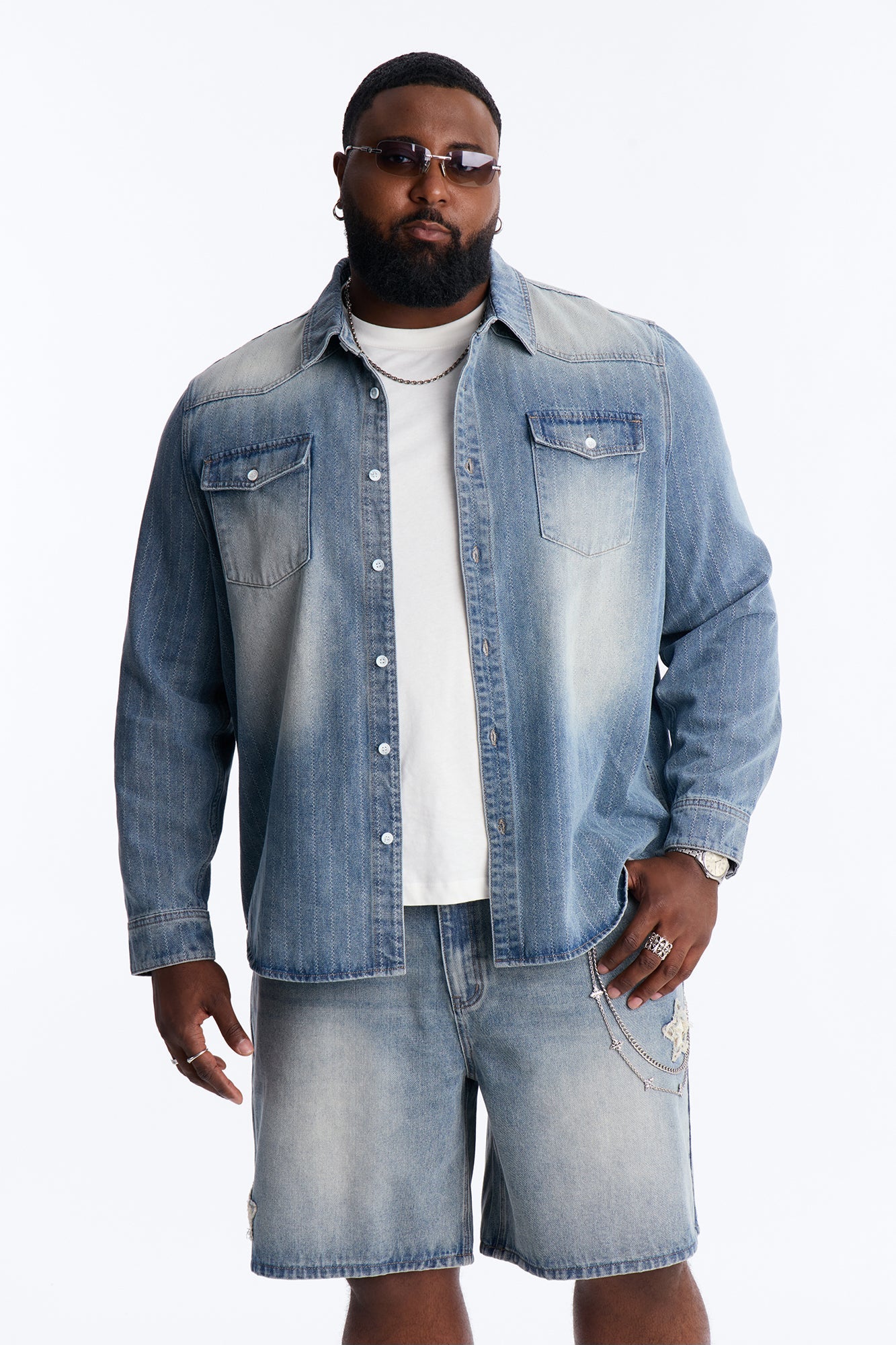 Stars And Stripes Long Sleeve Button Up Denim Shirt - Vintage Blue Wash