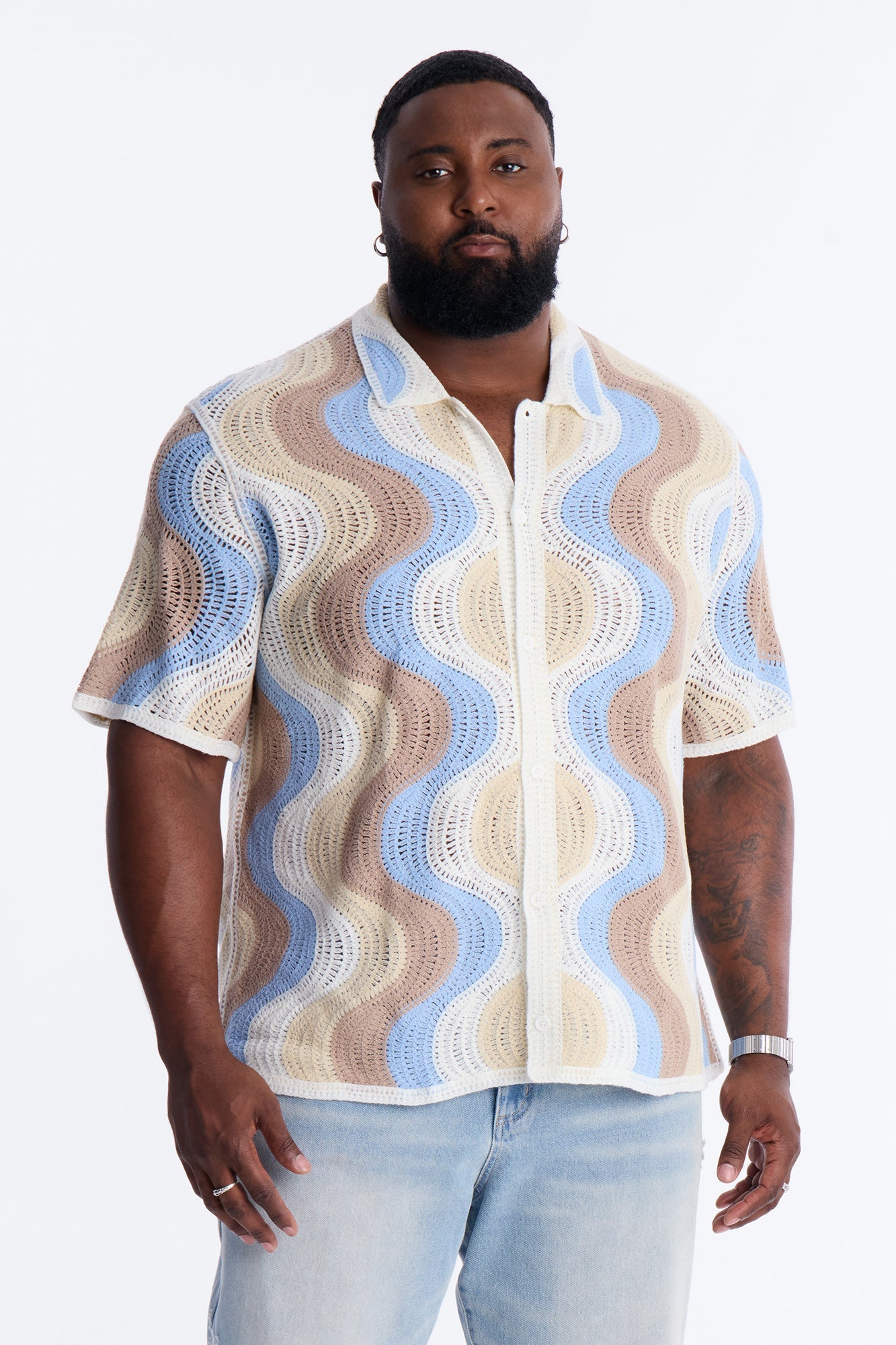 Desert Daze Crochet Short Sleeve Button Up Shirt - Multi Color