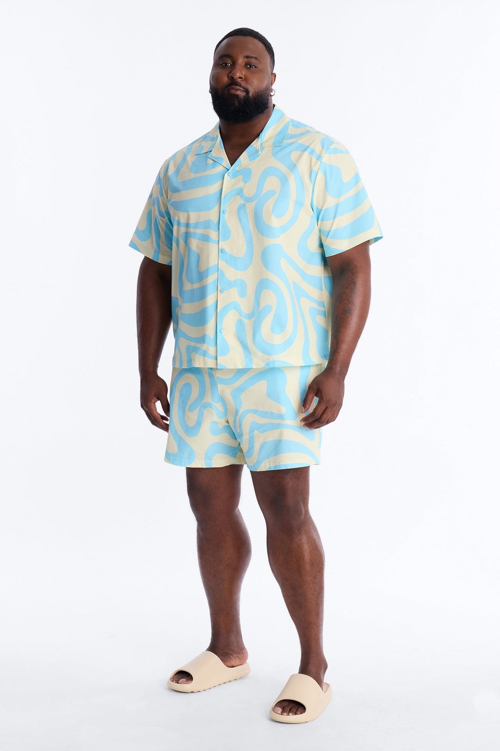 Relaxed Groovy Abstract Printed Seersucker Cuban Collar Button Up Shirt - Blue