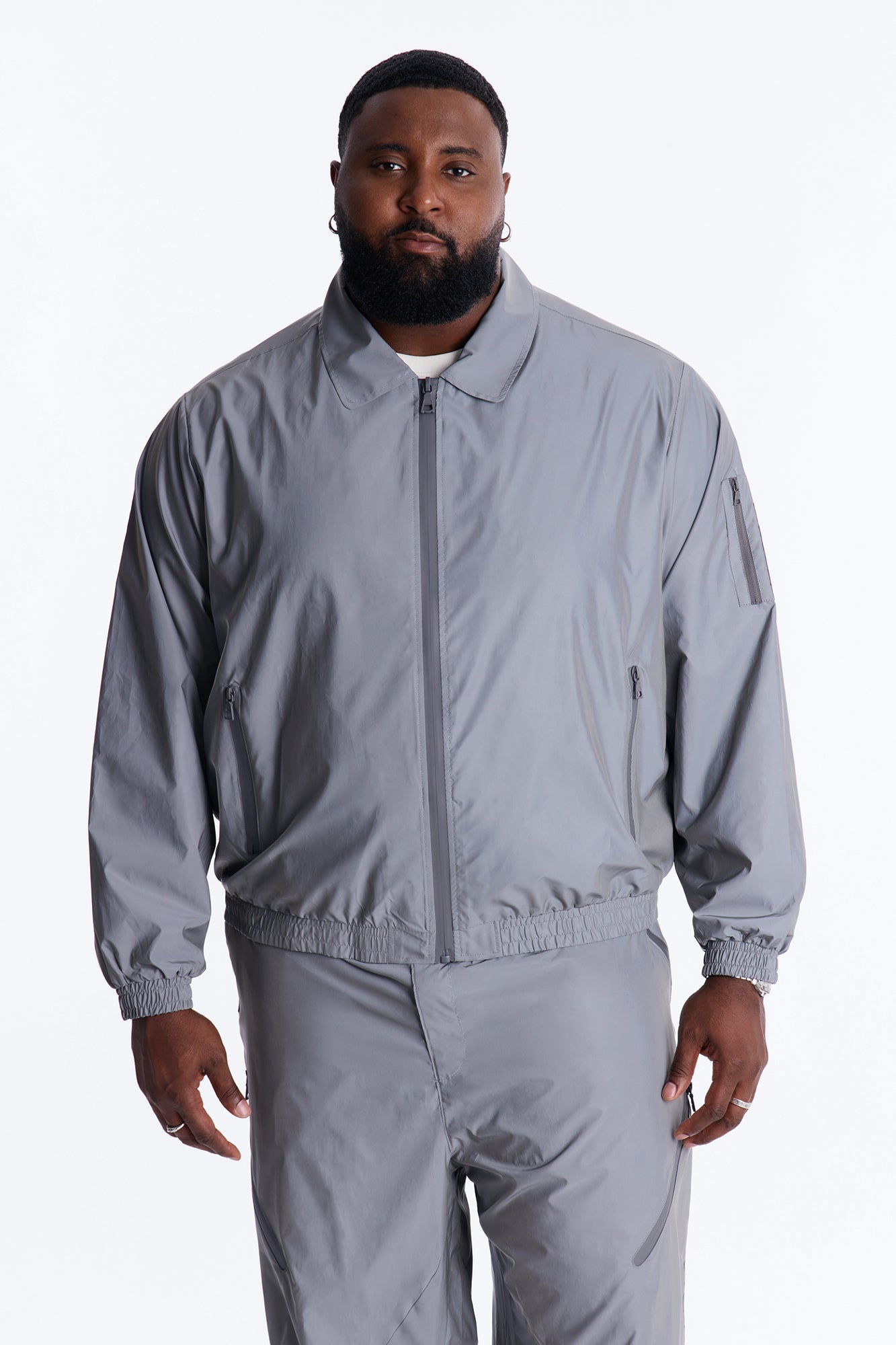 Cropped Relaxed Reflective Zip Bomber Jacket - Silver