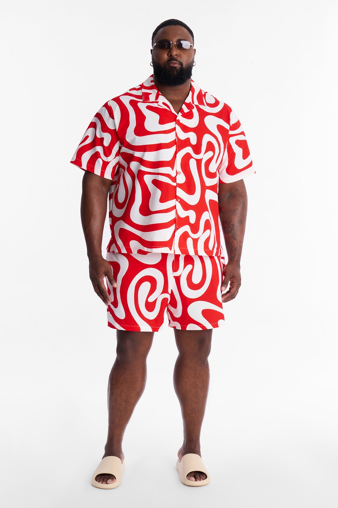 Relaxed Groovy Abstract Printed Seersucker Cuban Collar Button Up Shirt - Red