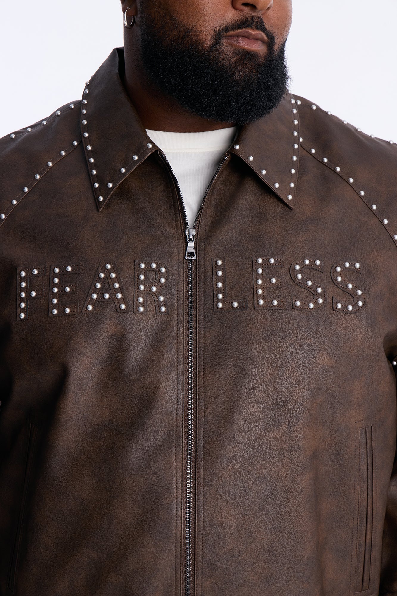 Fearless Victory Faux Leather Studded Bomber Jacket - Brown