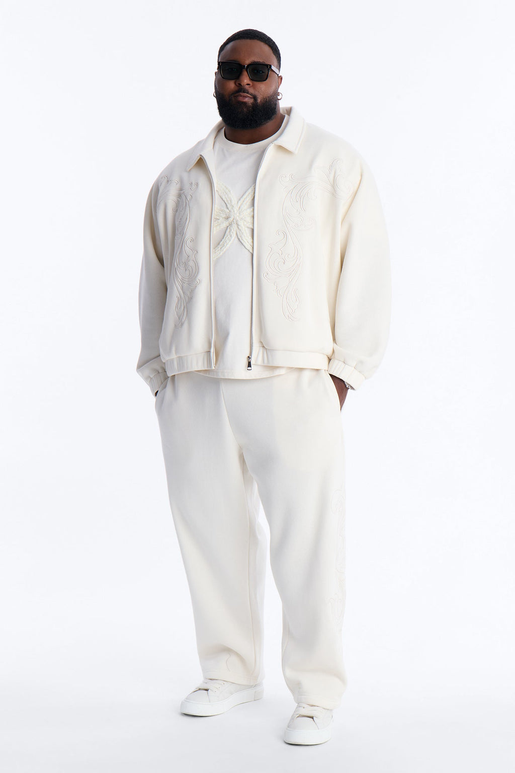 Embroidery Fleur Oversized Cropped Fleece Jacket - Cream