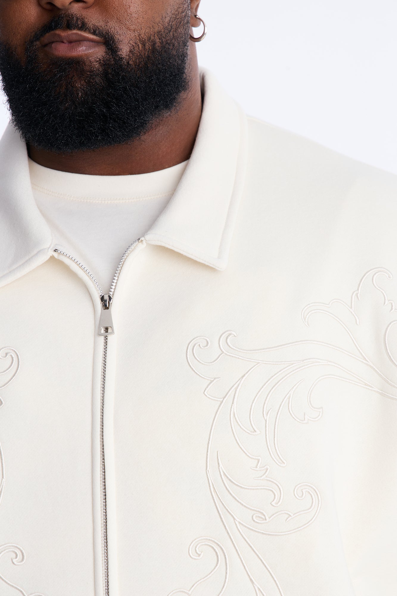Embroidery Fleur Oversized Cropped Fleece Jacket - Cream