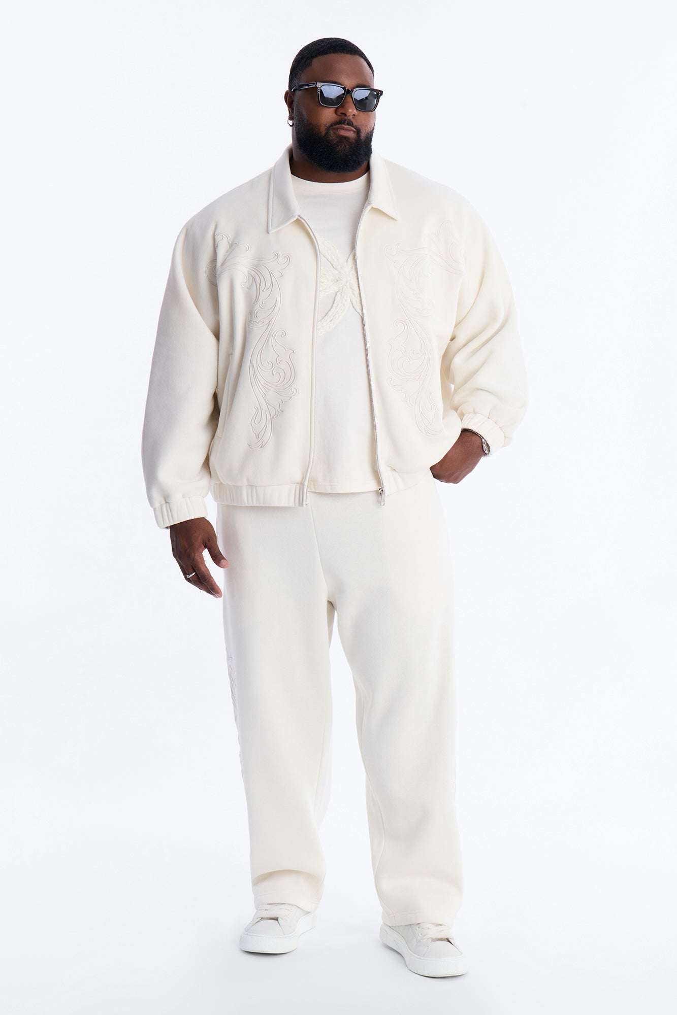 Embroidery Fleur Straight Sweatpants - Cream