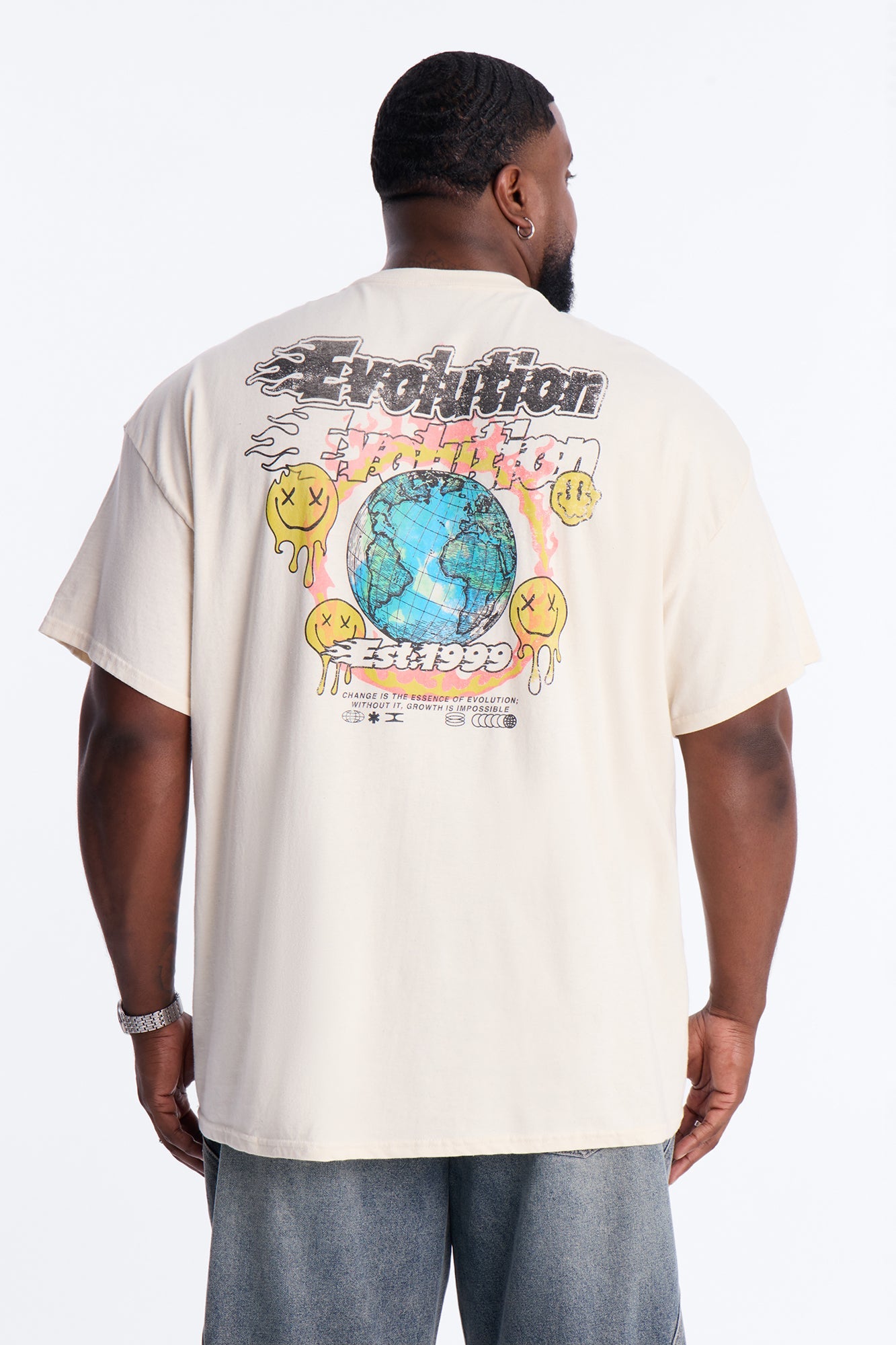 Evolution Smiley Face Vintage Oversized Short Sleeve Tee - Natural