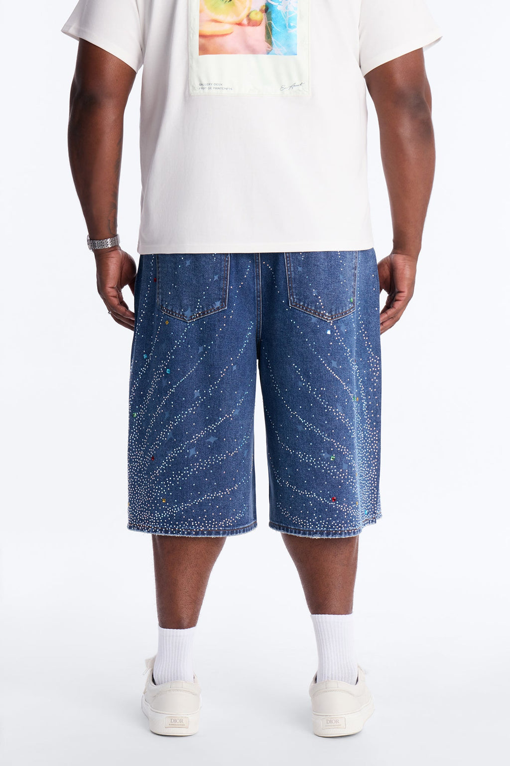 Baggy Cascade Jeweled Denim Shorts - Dark Wash