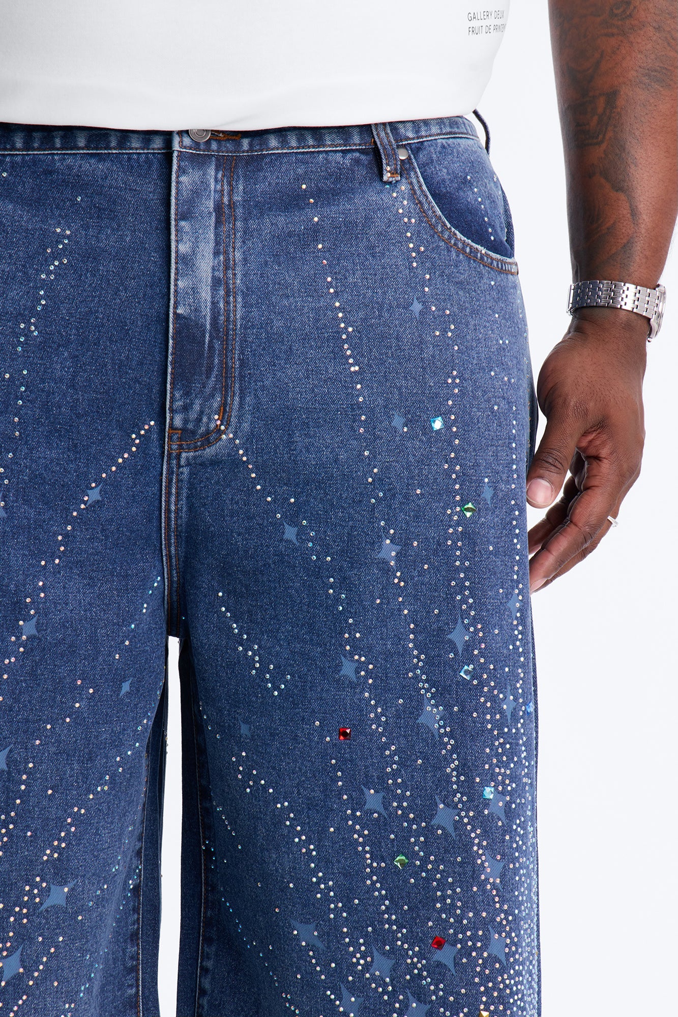 Baggy Cascade Jeweled Denim Shorts - Dark Wash