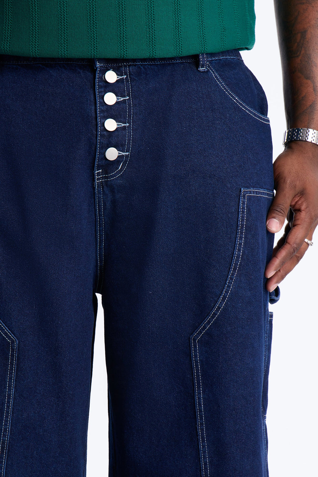 Super Baggy Button Drop Denim Shorts - Dark Wash
