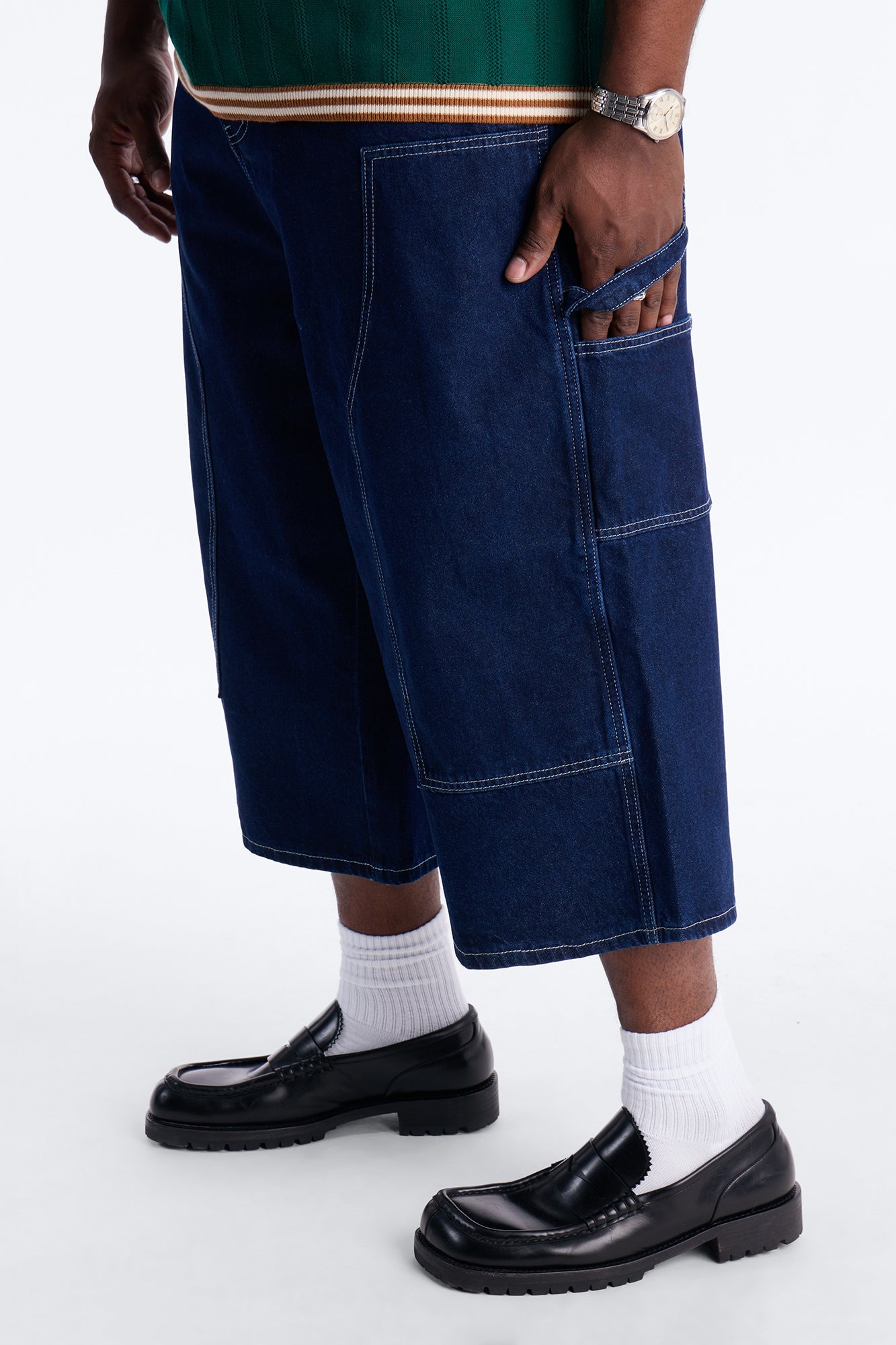 Super Baggy Button Drop Denim Shorts - Dark Wash