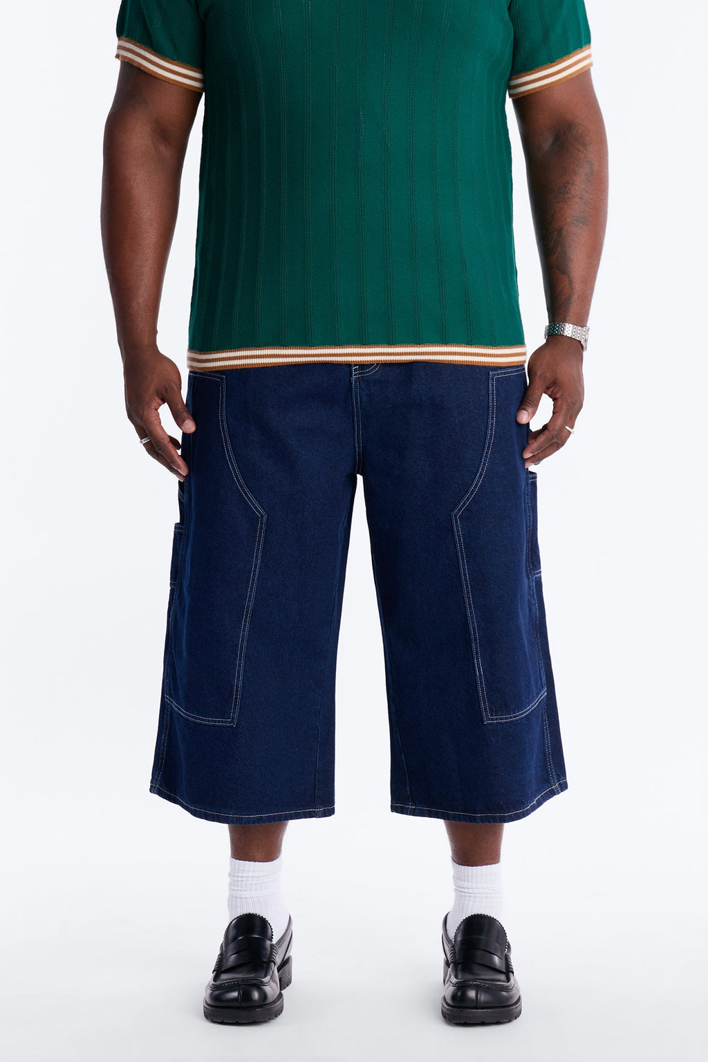 Super Baggy Button Drop Denim Shorts - Dark Wash
