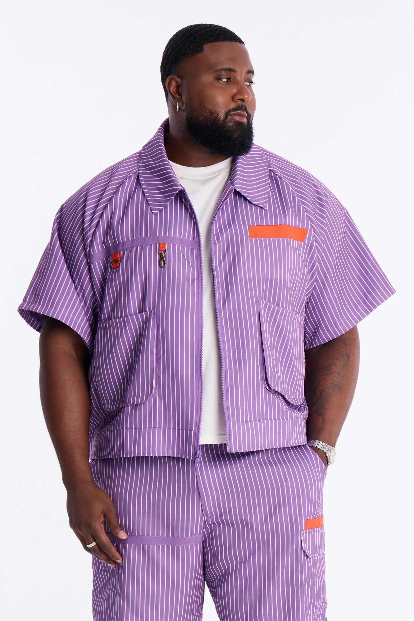 Boxy Cropped Desert Dunes Striped Button Up Shirt - Purple