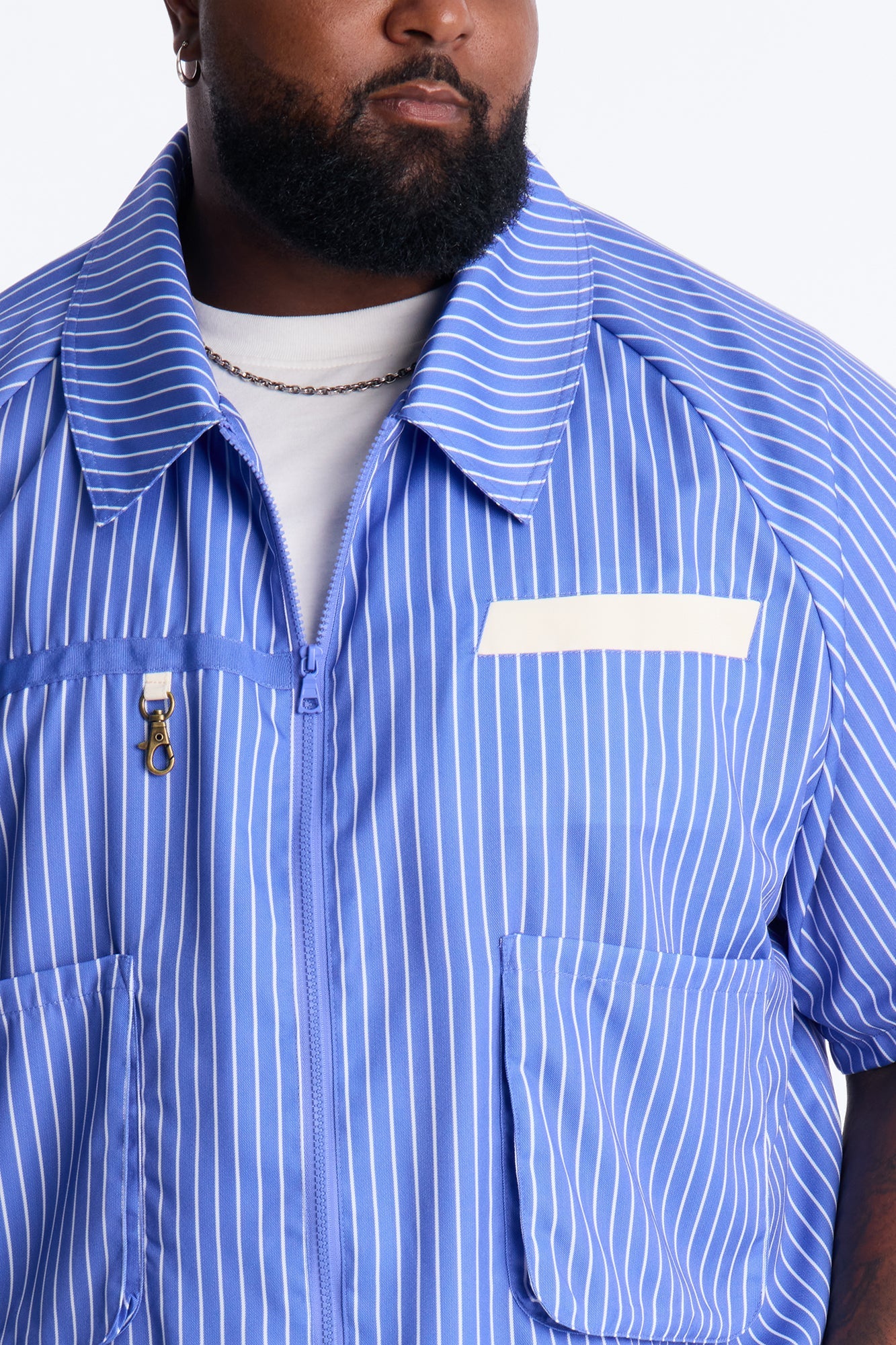 Boxy Cropped Desert Dunes Striped Button Up Shirt - Blue