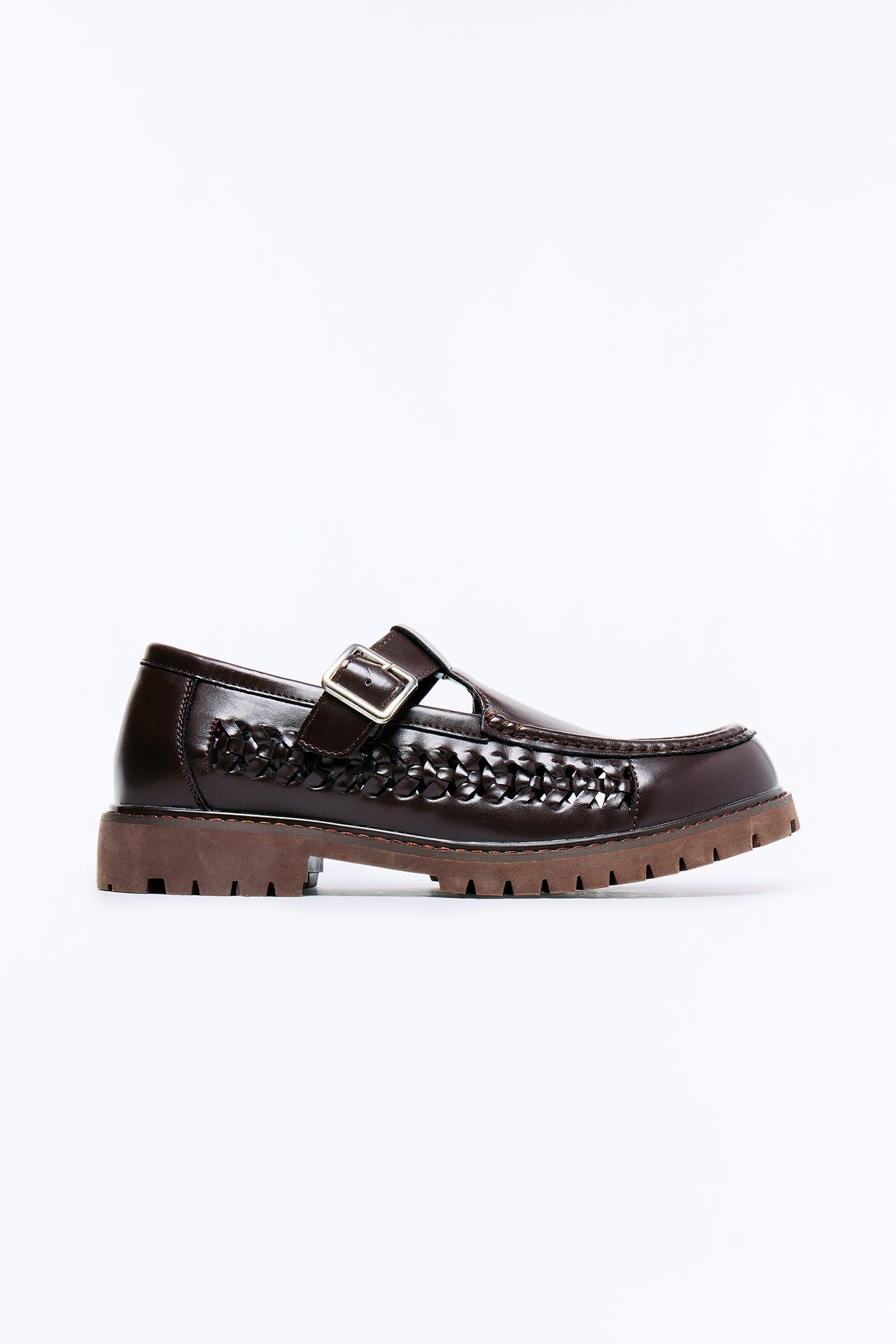Chunky Woven Side Panel Mary Jane Shoes - Brown
