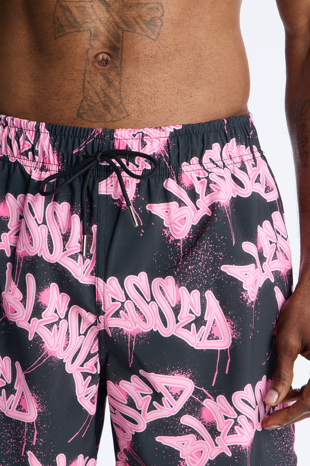 Blessed Street Graffiti Printed Swim Trunk 7″ - Black/Pink