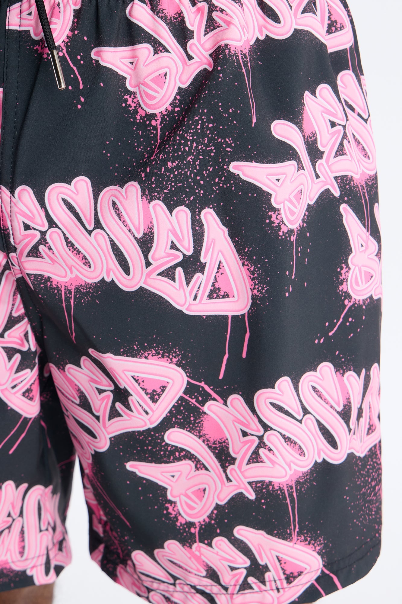 Blessed Street Graffiti Printed Swim Trunk 7″ - Black/Pink