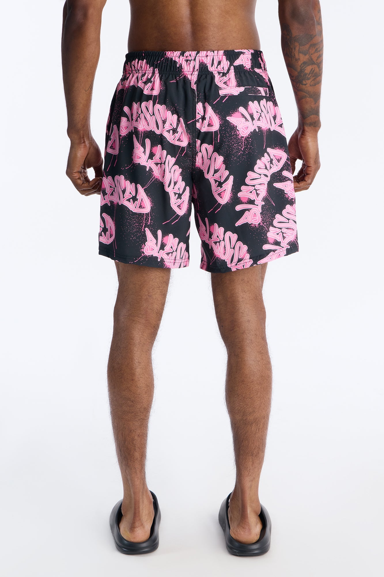 Blessed Street Graffiti Printed Swim Trunk 7″ - Black/Pink
