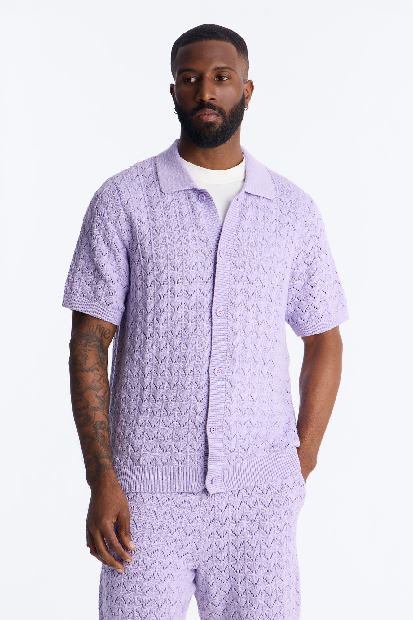 Waterfall Texture Open Knit Shirt - Lavender