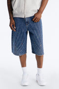 Baggy Cascade Jeweled Denim Shorts - Dark Wash
