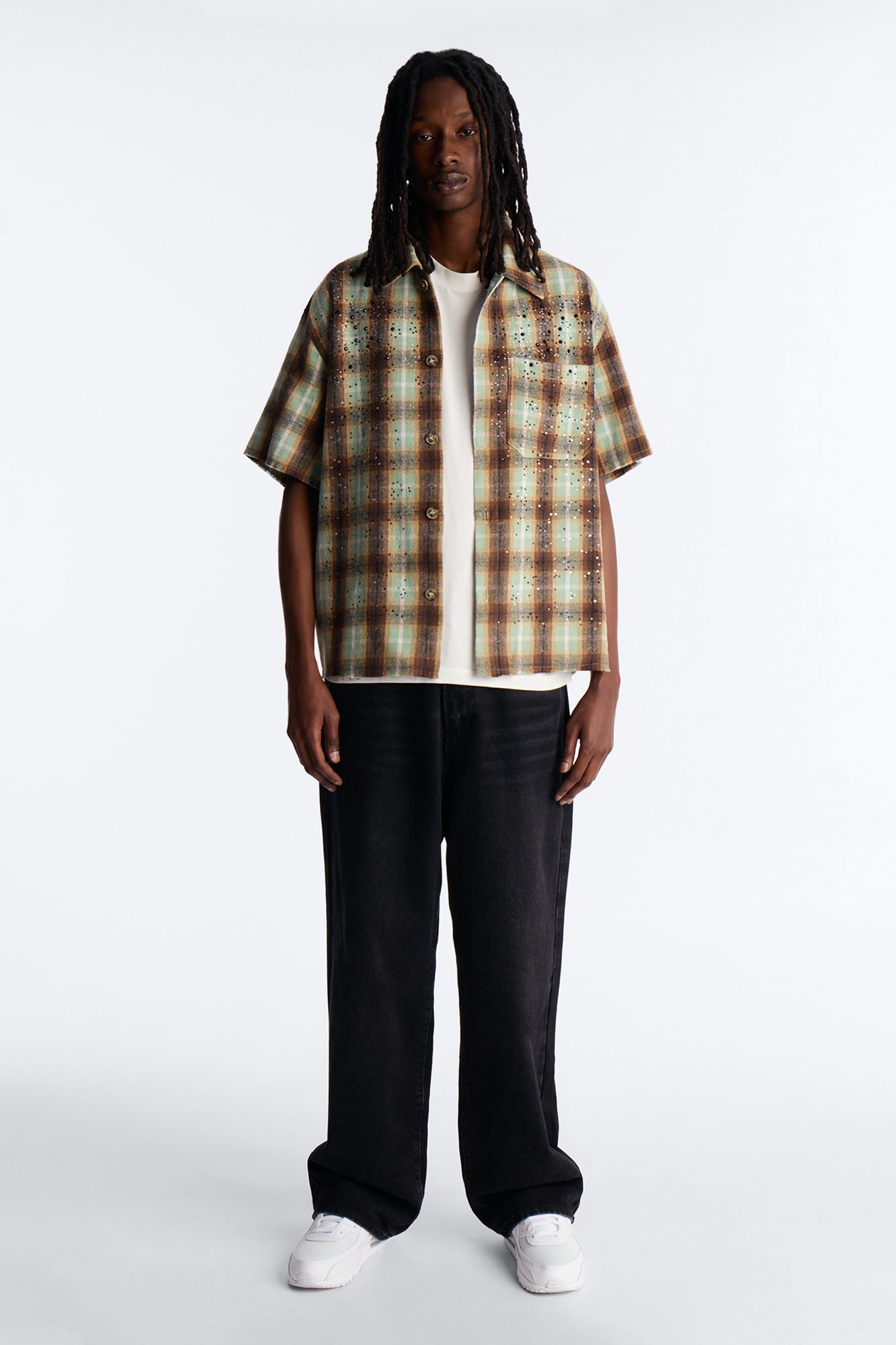 Jeweled Plaid Raw Hem Button Up Shirt - Olive