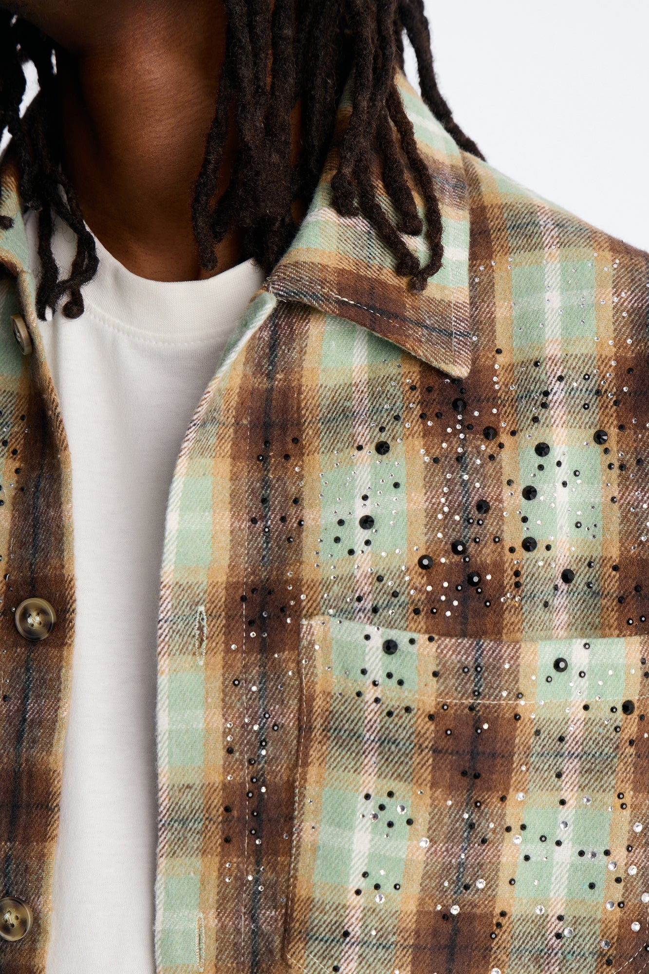 Jeweled Plaid Raw Hem Button Up Shirt - Olive