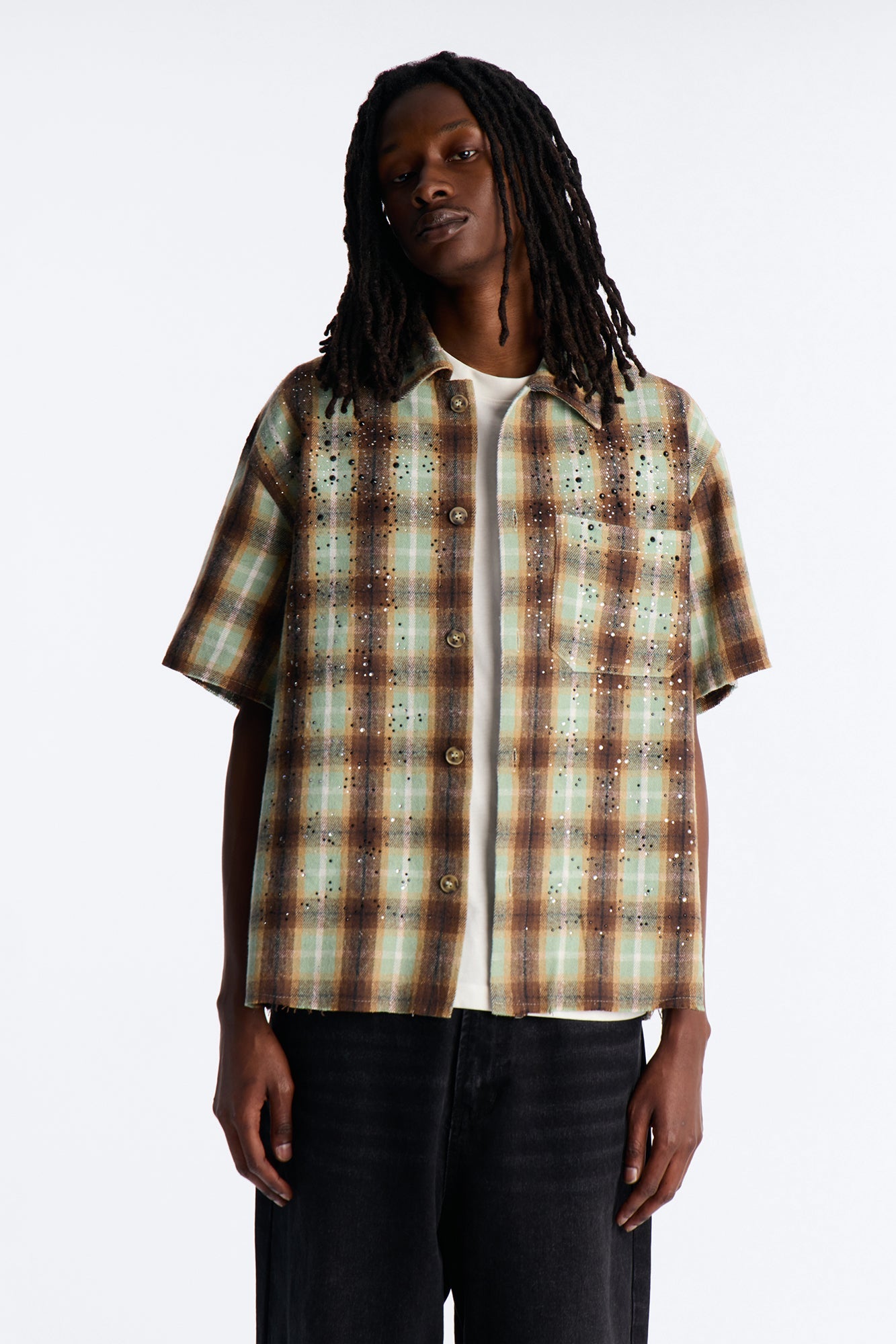 Jeweled Plaid Raw Hem Button Up Shirt - Olive