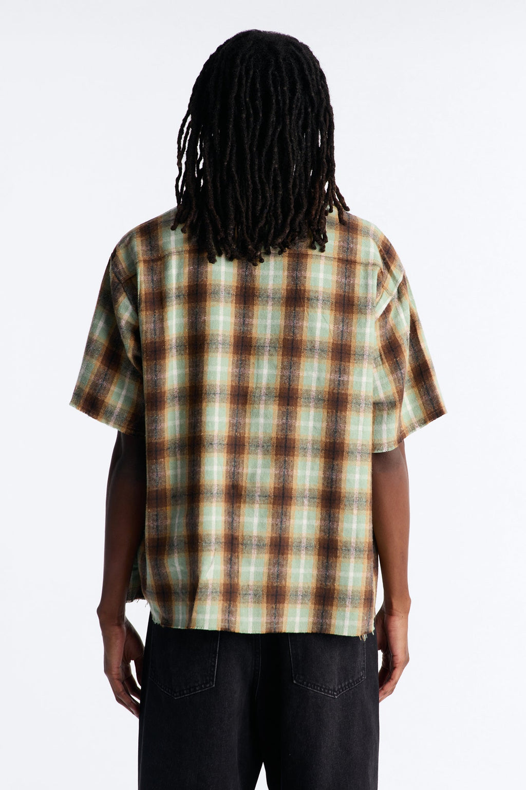Jeweled Plaid Raw Hem Button Up Shirt - Olive
